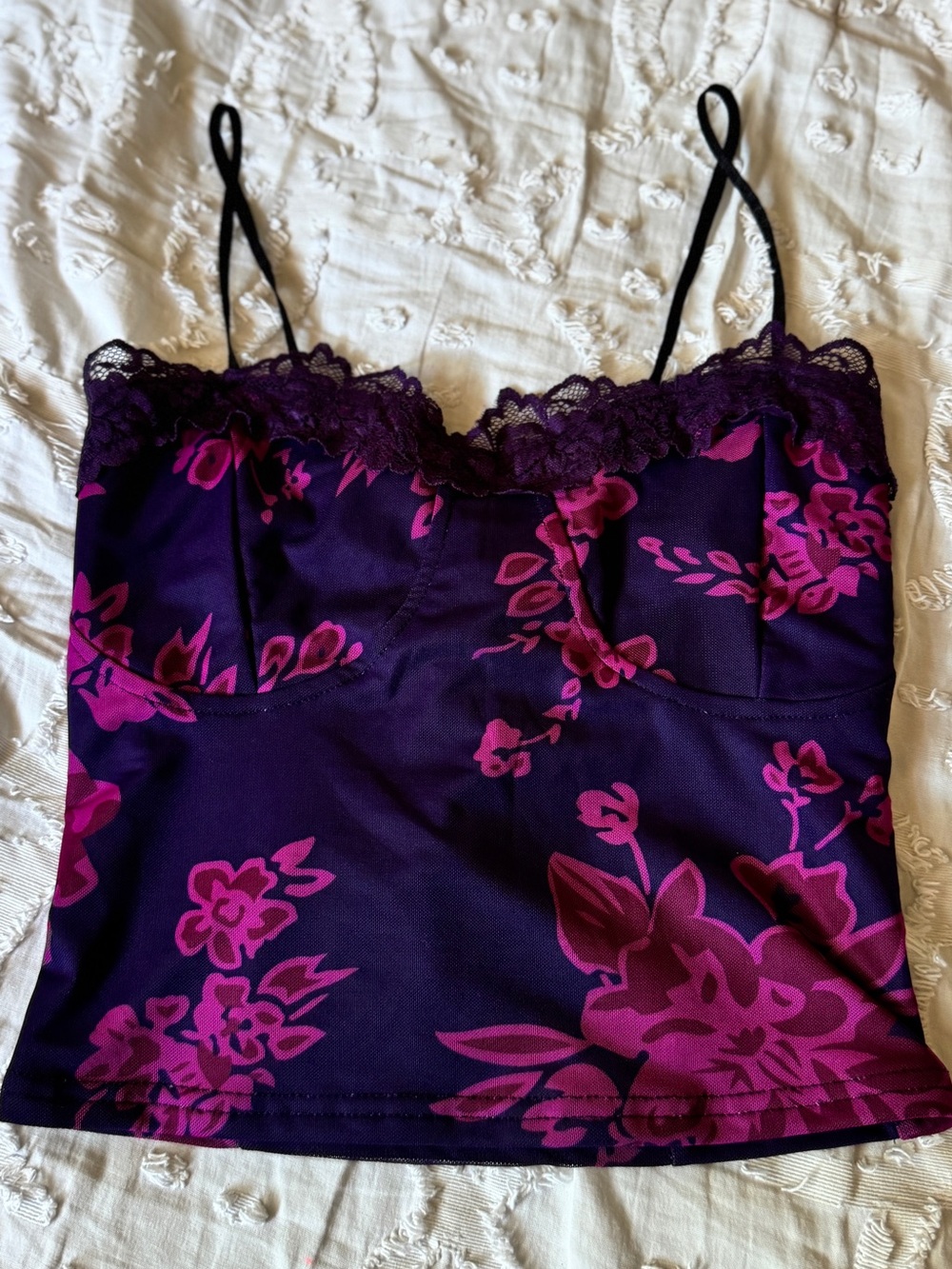 Purple Floral Lace-Trim Cami Top & Skirt Set